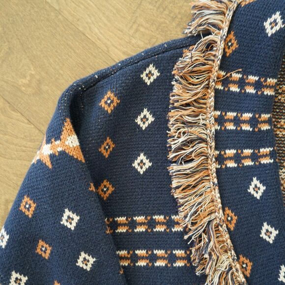 Pendleton Navy and Brown Fringed Cotton Wool Blend Cardigan Women's Size Large‎ - Picture 7 of 10